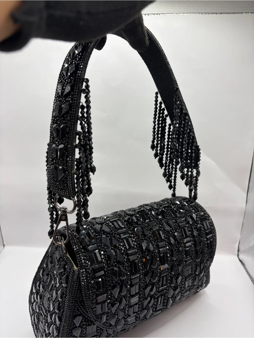 Premium Black Handmade Beaded Evening Clutch With Hanging Beads